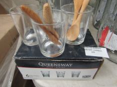 Set of 7 Queens way shot glasses with 4 small wooden spoons.