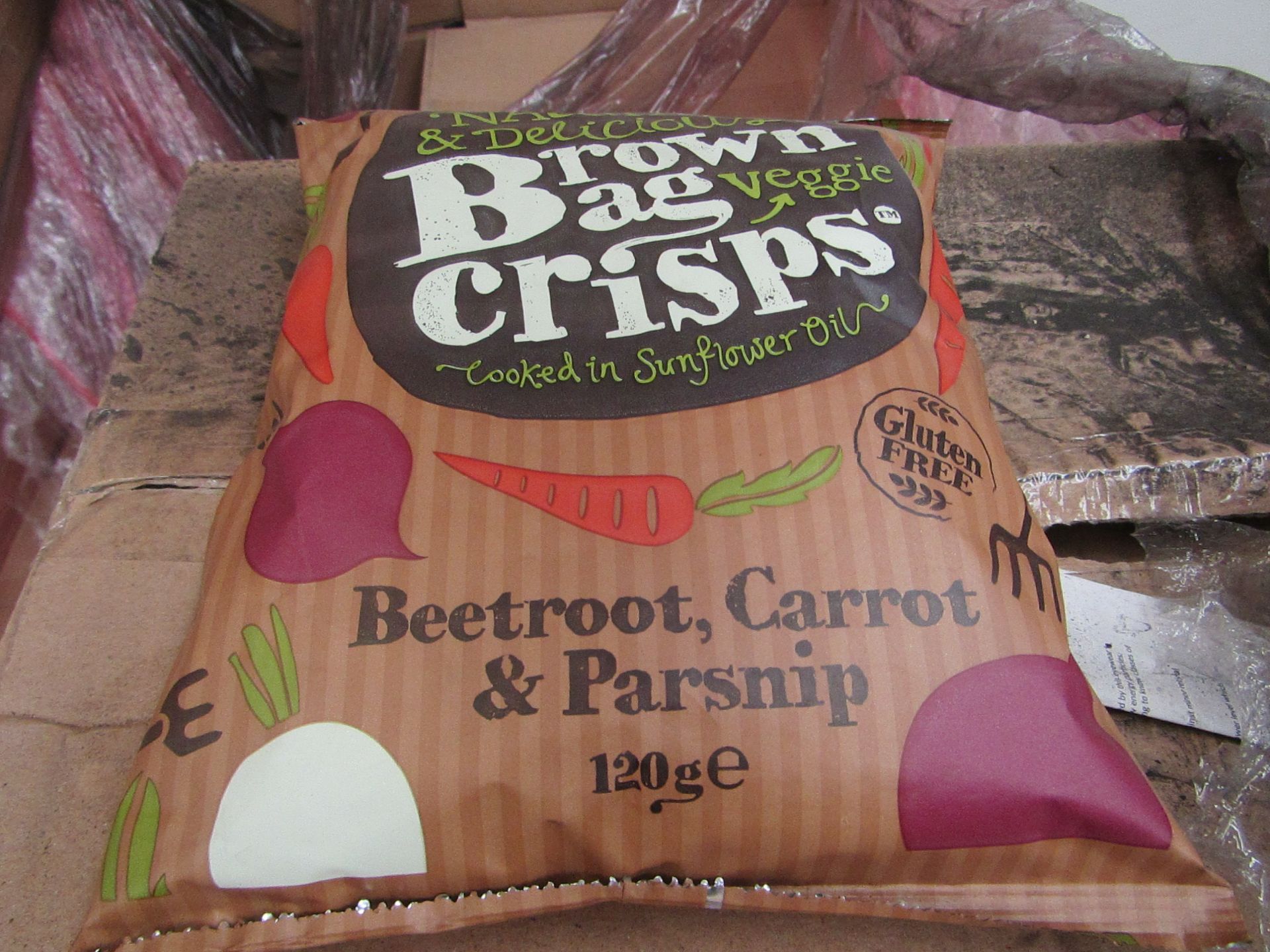 Box of 10x 120g packs of Natural dn Delicious Brown Bag Gluten free Veggie Crisps, Beetroot,