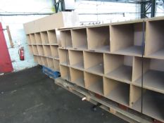 13 SETS OF MDF PIDGEON HOLES. EACH UNIT MEASURES 245CM X 62CM X 40CM. THESE HAVE BEEN USED BUT ARE