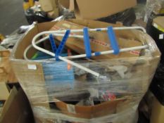 PALLET CONTAINING VARIOUS ITEMS BEING DISCO LIGHTBULBS,FLATPACK FURNITURE ETC. ALL UNCHECKED