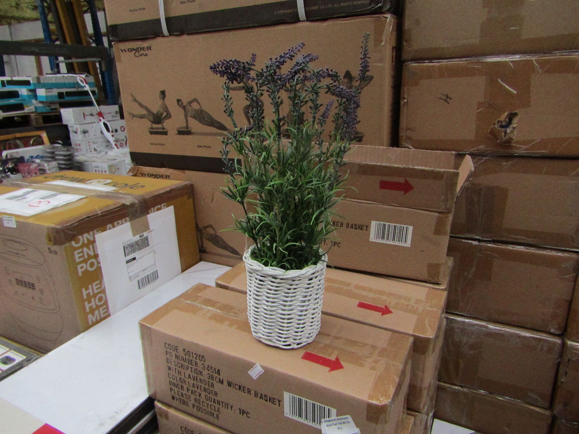 2x B&Q - Wicker Basket With Artificial Lavender Plant ( 38cm Tall ) - Unused & Boxed.