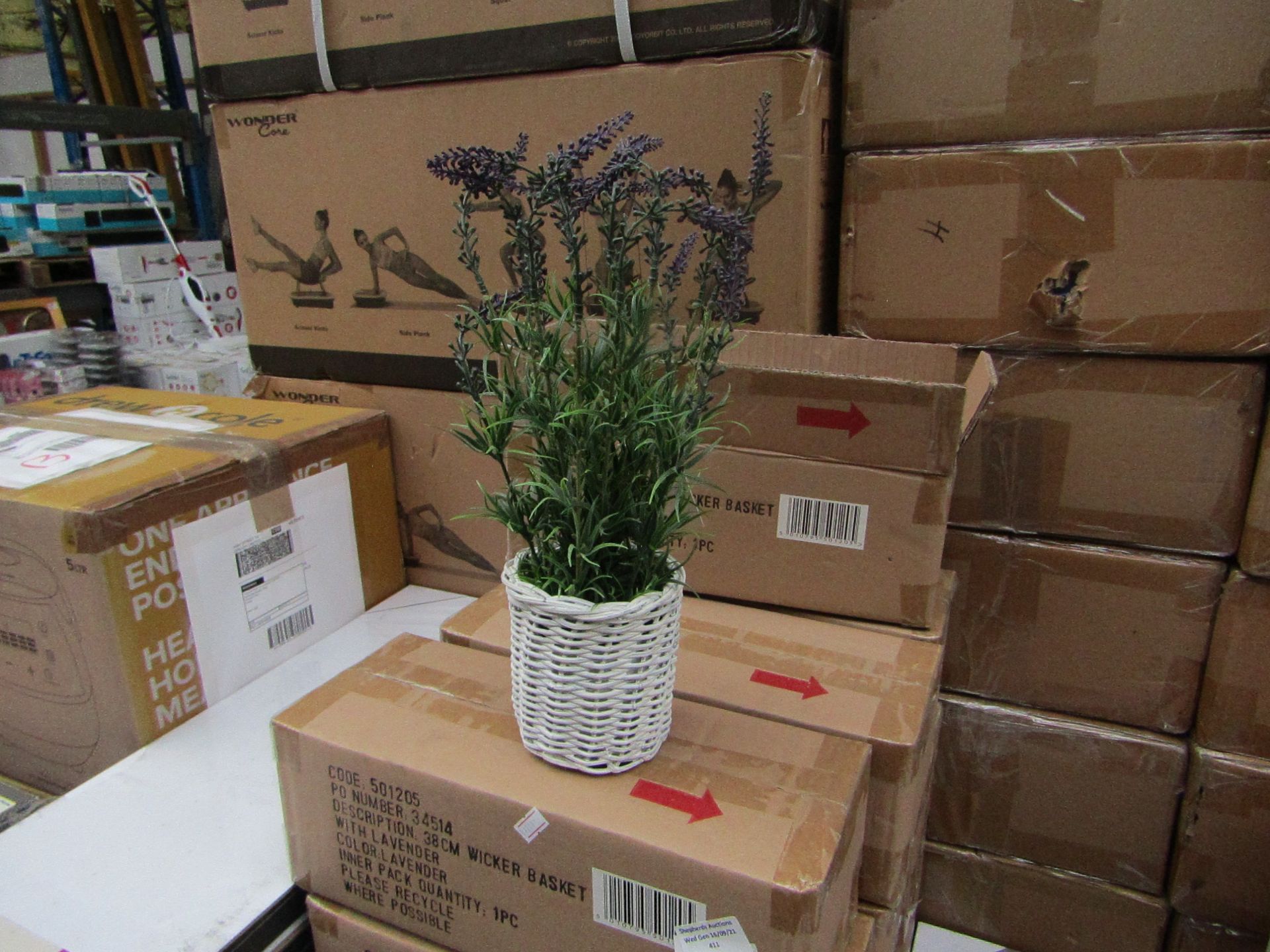 2x B&Q - Wicker Basket With Artificial Lavender Plant ( 38cm Tall ) - Unused & Boxed.