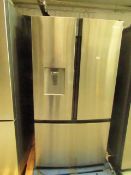 Hisense 3 Door American fridge freezer with water dispenser, unchecked as has a damaged plug, very