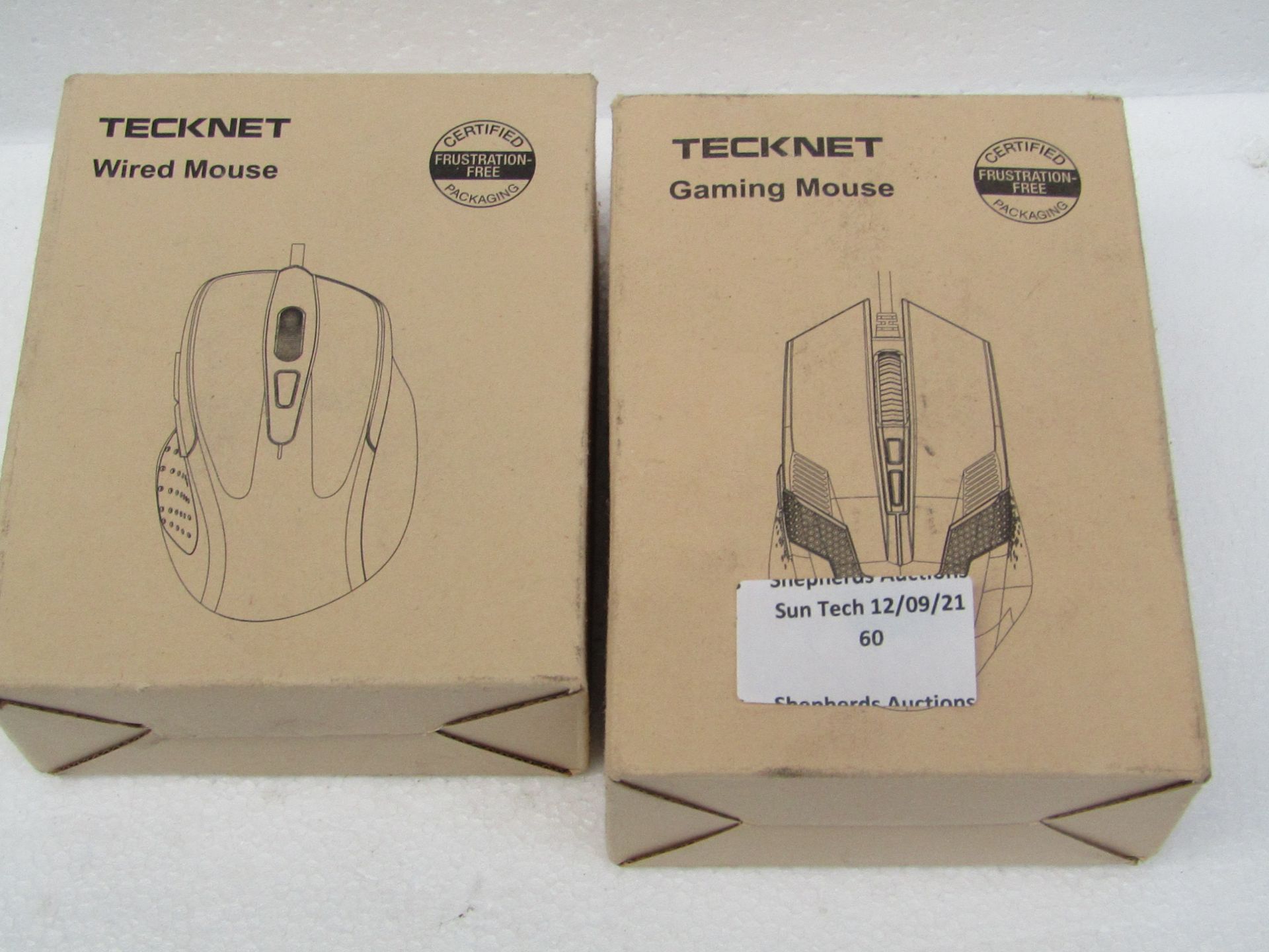 2x Tecknet mouses, one gaming and the other is wired, unchecked and boxed.
