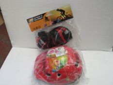 1X KIDS SPORTS SAFETY HELMET WITH KNEE AND ELBOW PADS, UNCHECKED AND PACKAGED.