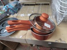 3x Copper cooking pan set, unused.