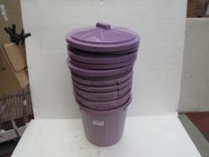 6x Purple plastic bins with lids, unused.