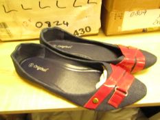 3x Pairs of Ladies Dolly Shoes - Blue with Red Band - Size 37 - Size 4 - New & Packaged