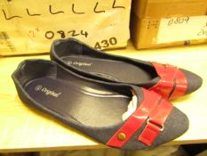 3x Pairs of Ladies Dolly Shoes - Blue with Red Band - Size 37 - Size 4 - New & Packaged