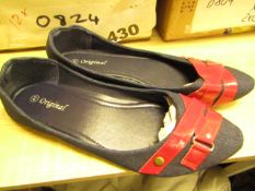 3x Pairs of Ladies Dolly Shoes - Blue with Red Band - Size 38 - Size 5.5 - New & Packaged