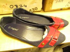 3x Pairs of Ladies Dolly Shoes - Blue with Red Band - Size 40 - Size 7.5 - New & Packaged