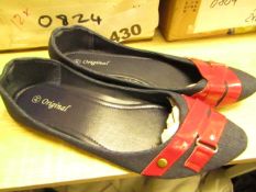 3x Pairs of Ladies Dolly Shoes - Blue with Red Band - Size 38 - Size 5.5 - New & Packaged