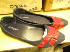 3x Pairs of Ladies Dolly Shoes - Blue with Red Band - Size 40 - Size 7.5 - New & Packaged