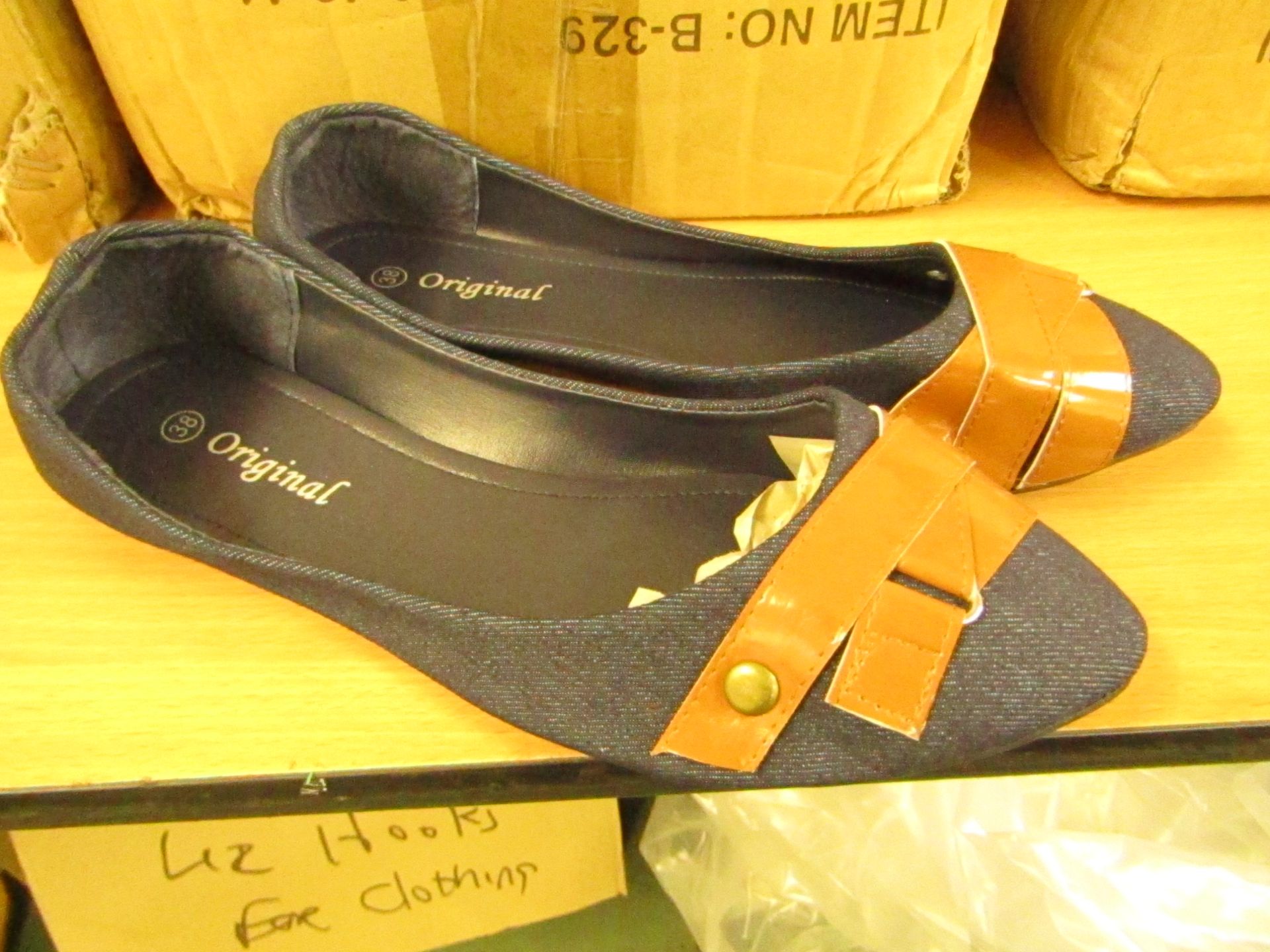 3x Pairs of Ladies Dolly Shoes - Blue with Brown Band - Size 40 - Size 7.5 - New & Packaged