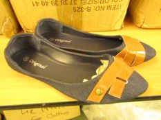3x Pairs of Ladies Dolly Shoes - Blue with Brown Band - Size 37 - Size 4 - New & Packaged