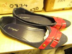 3x Pairs of Ladies Dolly Shoes - Blue with Red Band - Size 37 - Size 4 - New & Packaged