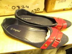 3x Pairs of Ladies Dolly Shoes - Blue with Red Band - Size 40 - Size 7.5 - New & Packaged