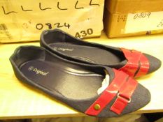 3x Pairs of Ladies Dolly Shoes - Blue with Red Band - Size 37 - Size 4 - New & Packaged