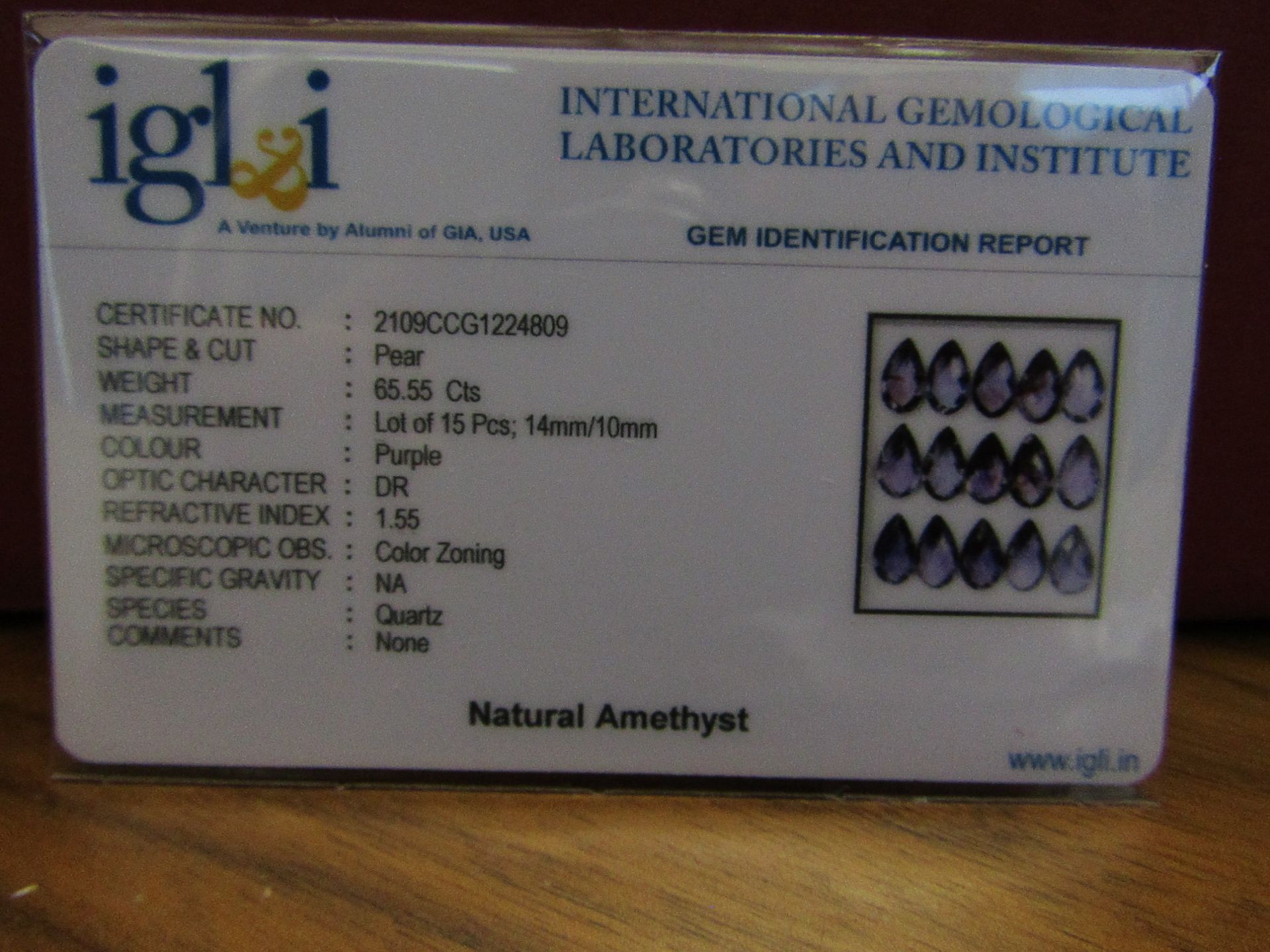 IGL&I Certified - Natural Brazilian Amethyst - 65.55 Carats - 15 Pieces - Checkerboard Pear Cut - - Image 2 of 3
