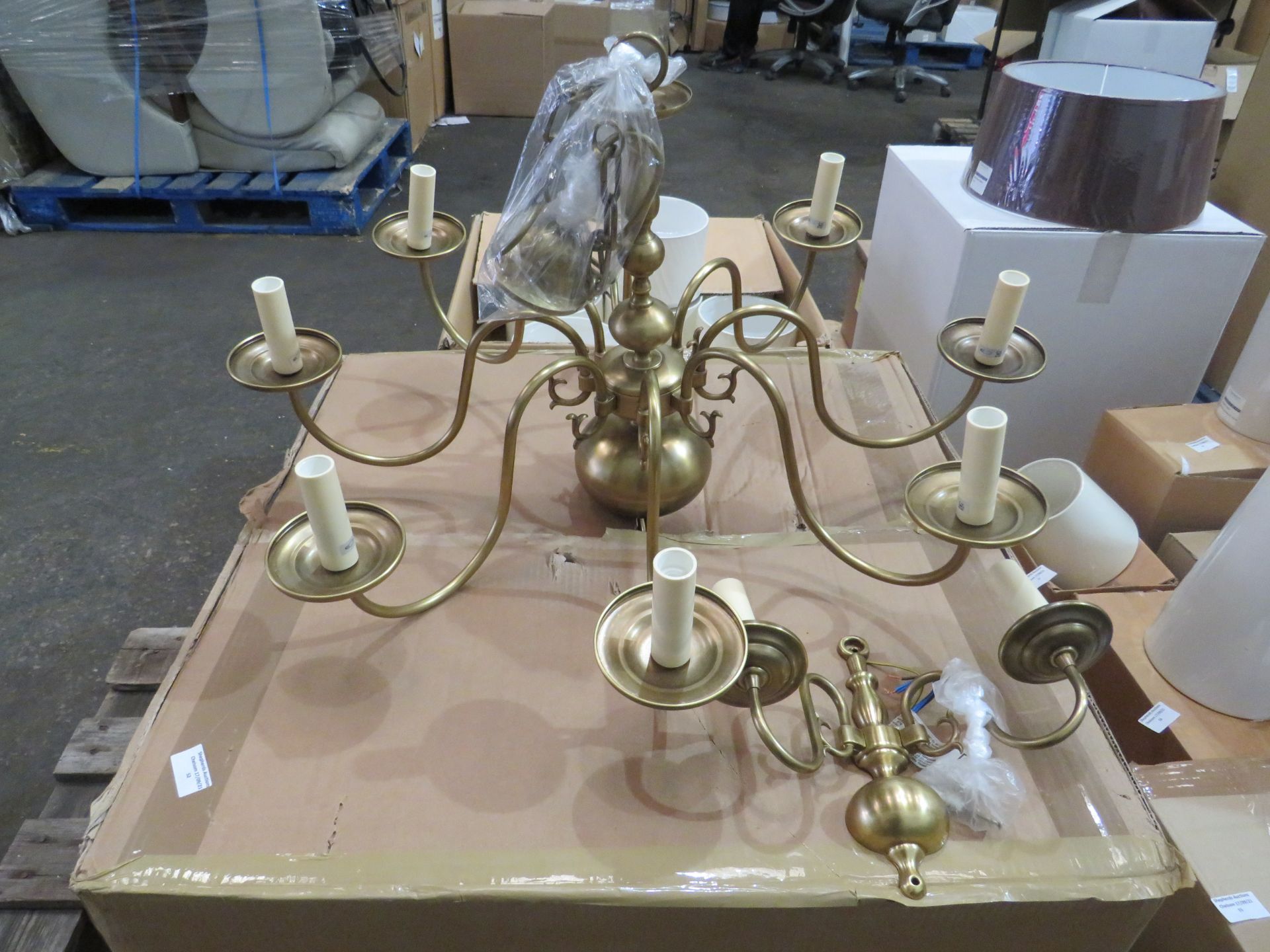 Chelsom Brass effect chandelier with matching twin arm wall light, looks unused with box