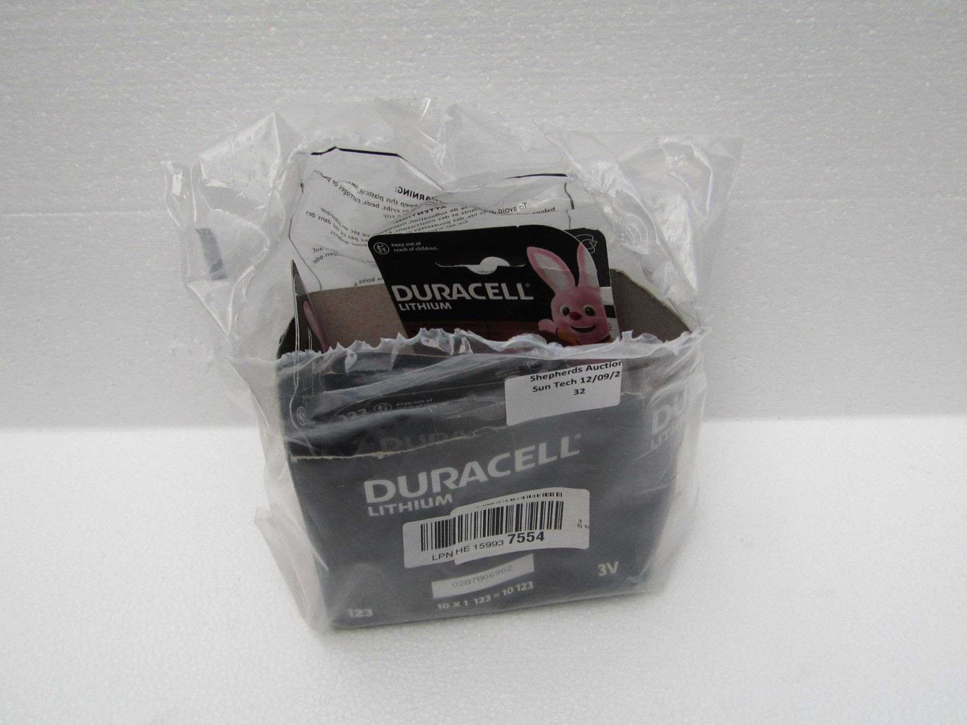 8x Duracell CR123 batteries, new and packaged.