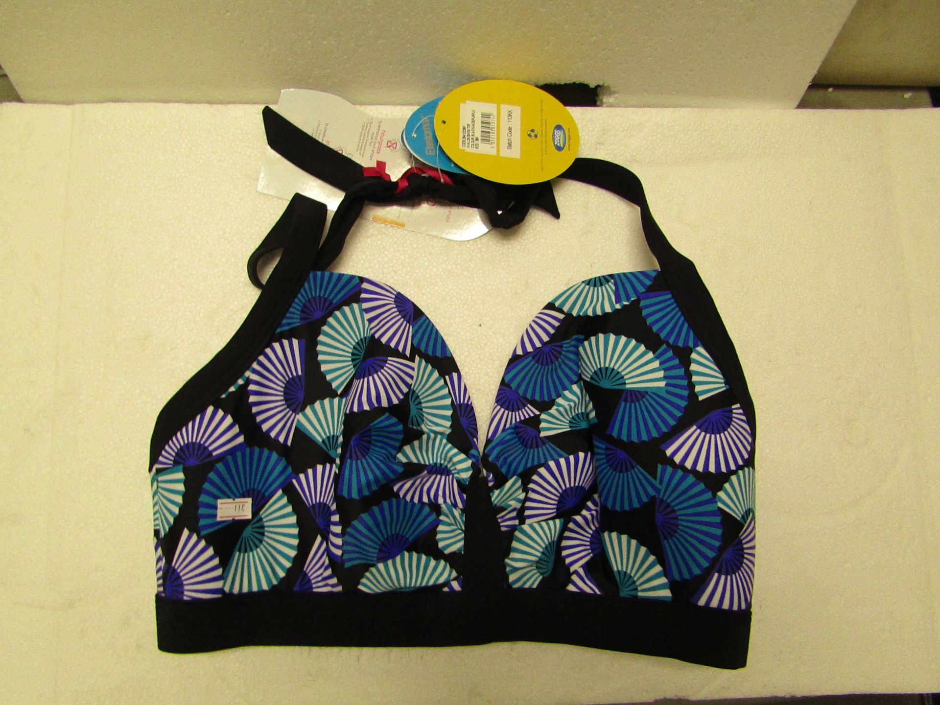 1X ZOGGS WOMENS SWIMSHAPES BIKINI TOP, SIZE 38F, BLACK AND PURPLE, NEW WITH TAGS.