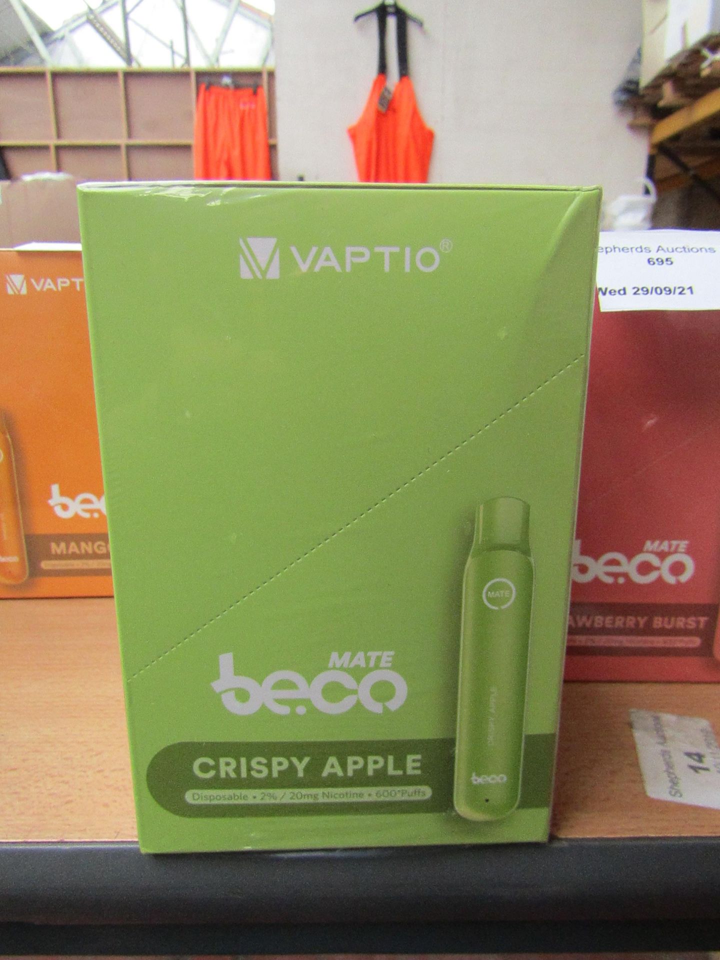 1X  BOX OF 10 VAPTIO MATE BE.CO, CRISPY APPLE DISPOSABLE VAPE PEN, 20MG NICOTINE, 600 PUFS, NEW