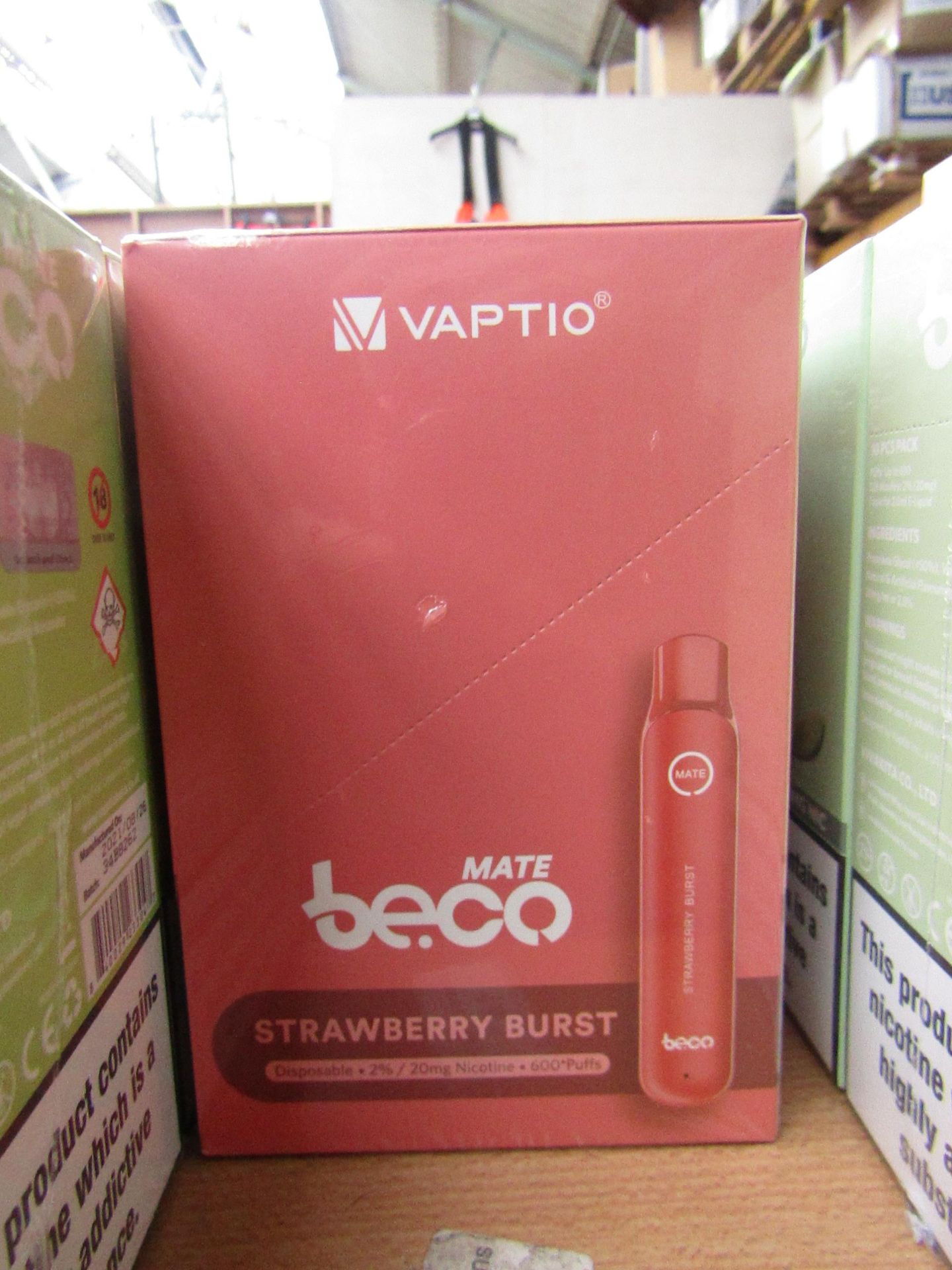 1X  BOX OF 10 VAPTIO MATE BE.CO, STRAWBERRY BURST DISPOSABLE VAPE PEN, 20MG NICOTINE, 600 PUFS,