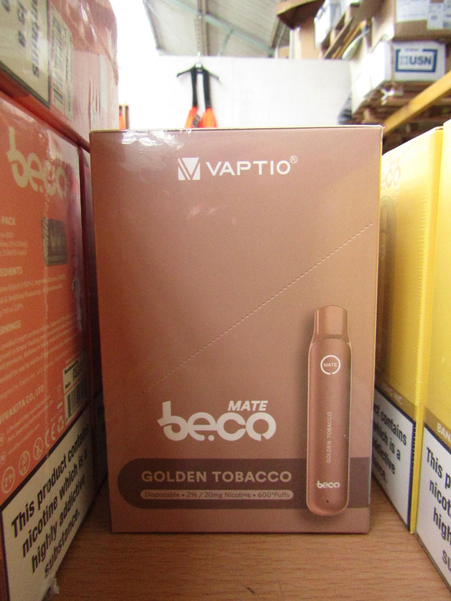 1X  BOX OF 10 VAPTIO MATE BE.CO, GOLDEN TOBACCO DISPOSABLE VAPE PEN, 20MG NICOTINE, 600 PUFS, NEW