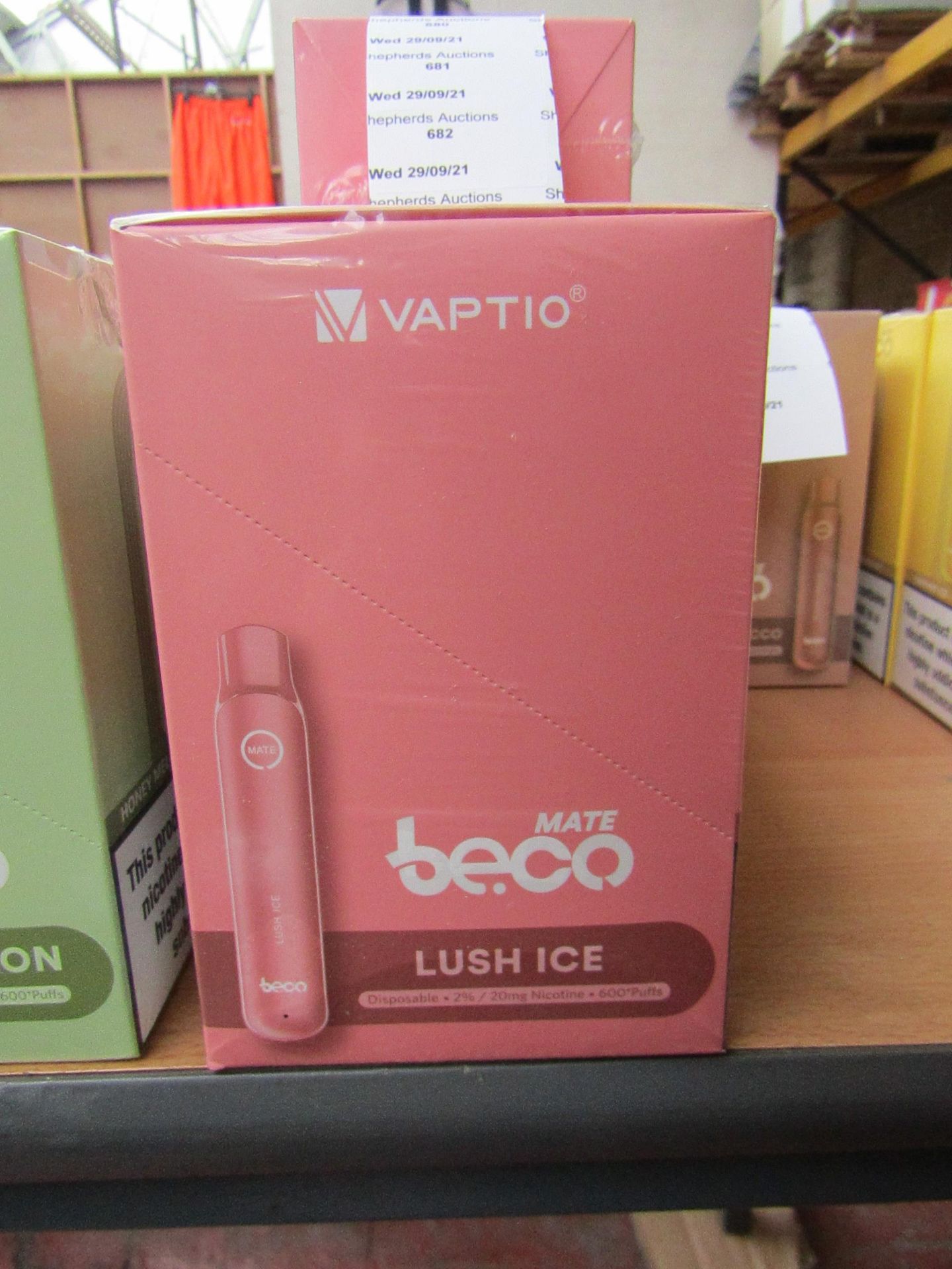 1X  BOX OF 10 VAPTIO MATE BE.CO, LUSH ICE DISPOSABLE VAPE PEN, 20MG NICOTINE, 600 PUFS, NEW AND