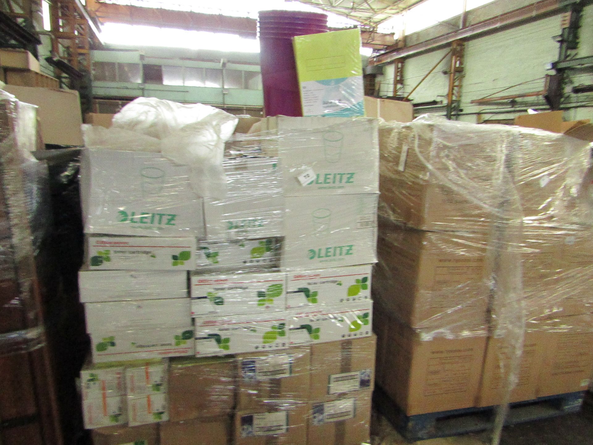 PALLET CONTAINING VARIOUS ITEMS BEING PLASTIC BINS,TONER CARTRIDGES AND FOLDERS. ALL UNUSED