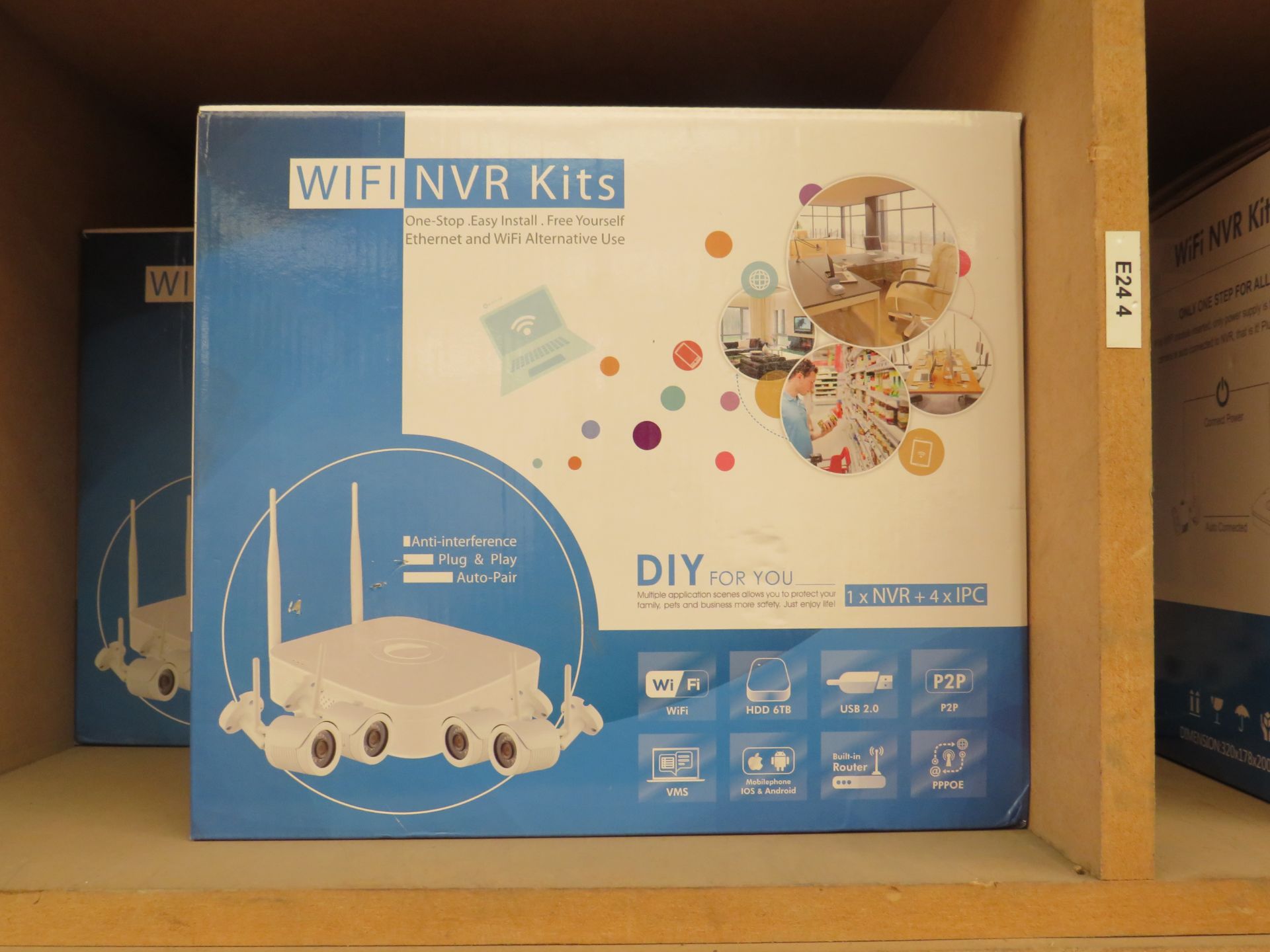 WiFi NVR Kits, 1x network video recorder with 4x IPC cameras, unchecked and boxed.