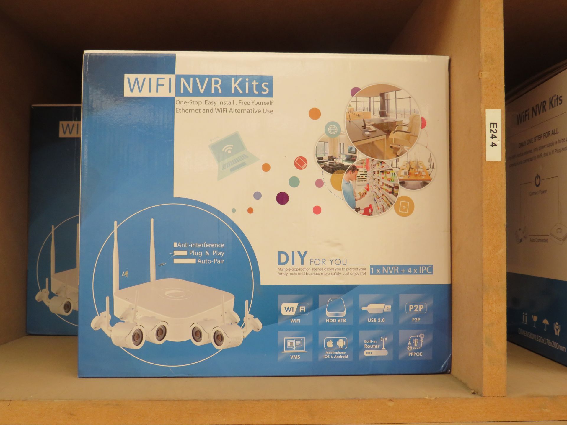 WiFi NVR Kits, 1x network video recorder with 4x IPC cameras, unchecked and boxed.