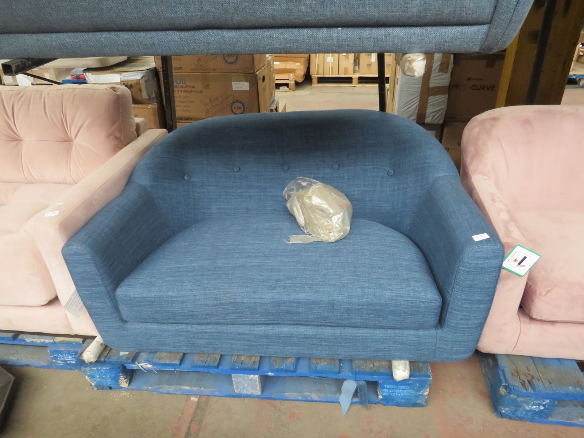 | 1X | MADE.COM BLUE TUBBY LOVE SEAT | no major damage (PLEASE NOTE, THIS DOES NOT PROVIDE ANY