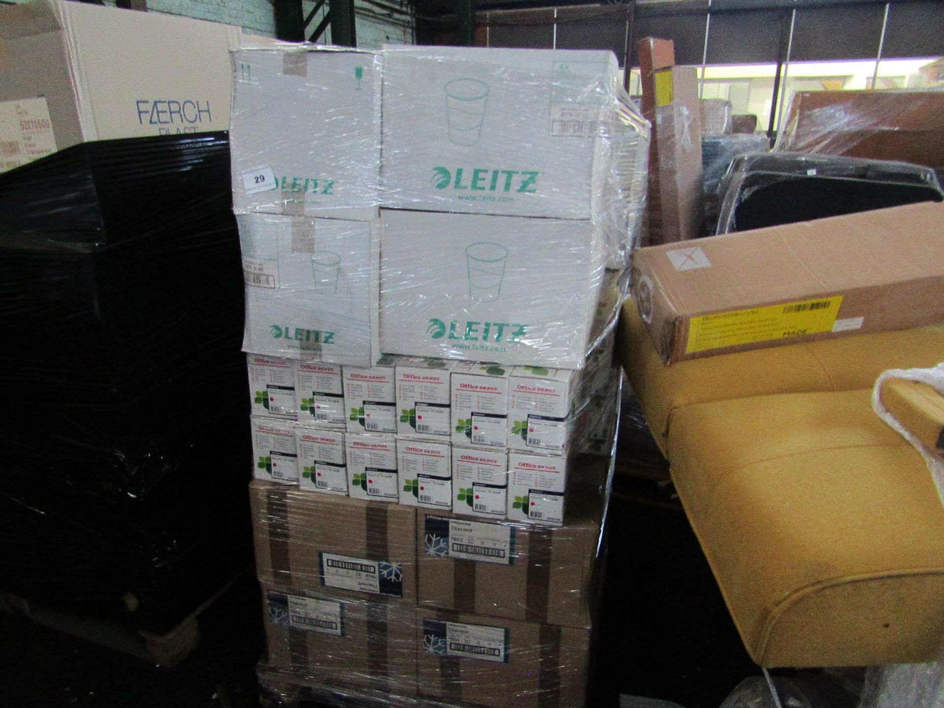 PALLET CONTAINING VARIOUS ITEMS BEING PLASTIC BINS,TONER CARTRIDGES AND FOLDERS. ALL UNUSED