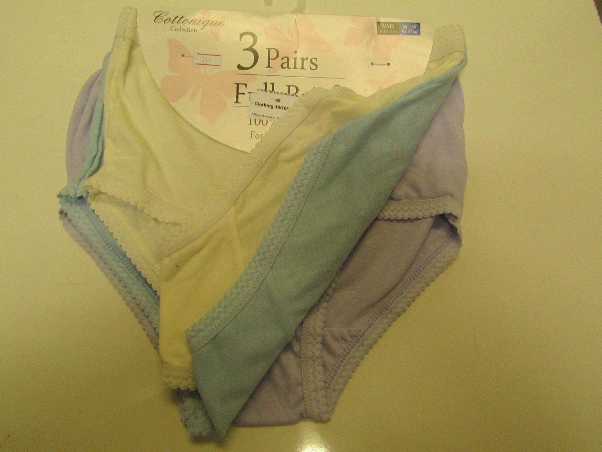 1X PK of 3 PAIRS Ladies FULL BRIEFS 100% COTTON, YELLOW, BLUE, AND PURPLE, NEW IN PACKAGE