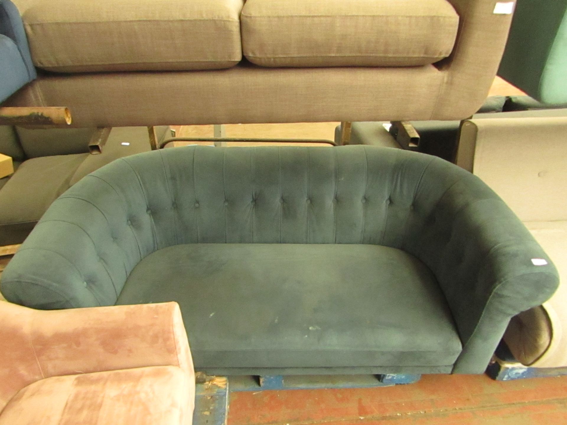 | 1X | MADE.COM 2 SEATER BUTTON BACK, TEAL SOFA | NEEDS A GOOD CLEAN & HAS IMPERFECTIONS ON THE