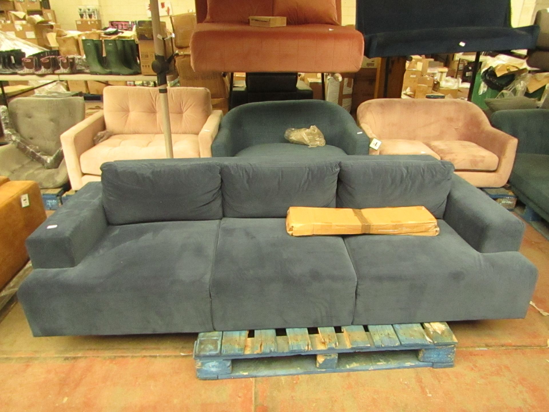 | 1X | MADE.COM BLUE VELVET 3 SEATER SOFA | NO MAJOR DAMAGE (PLEASE NOTE, THIS DOES NOT PROVIDE