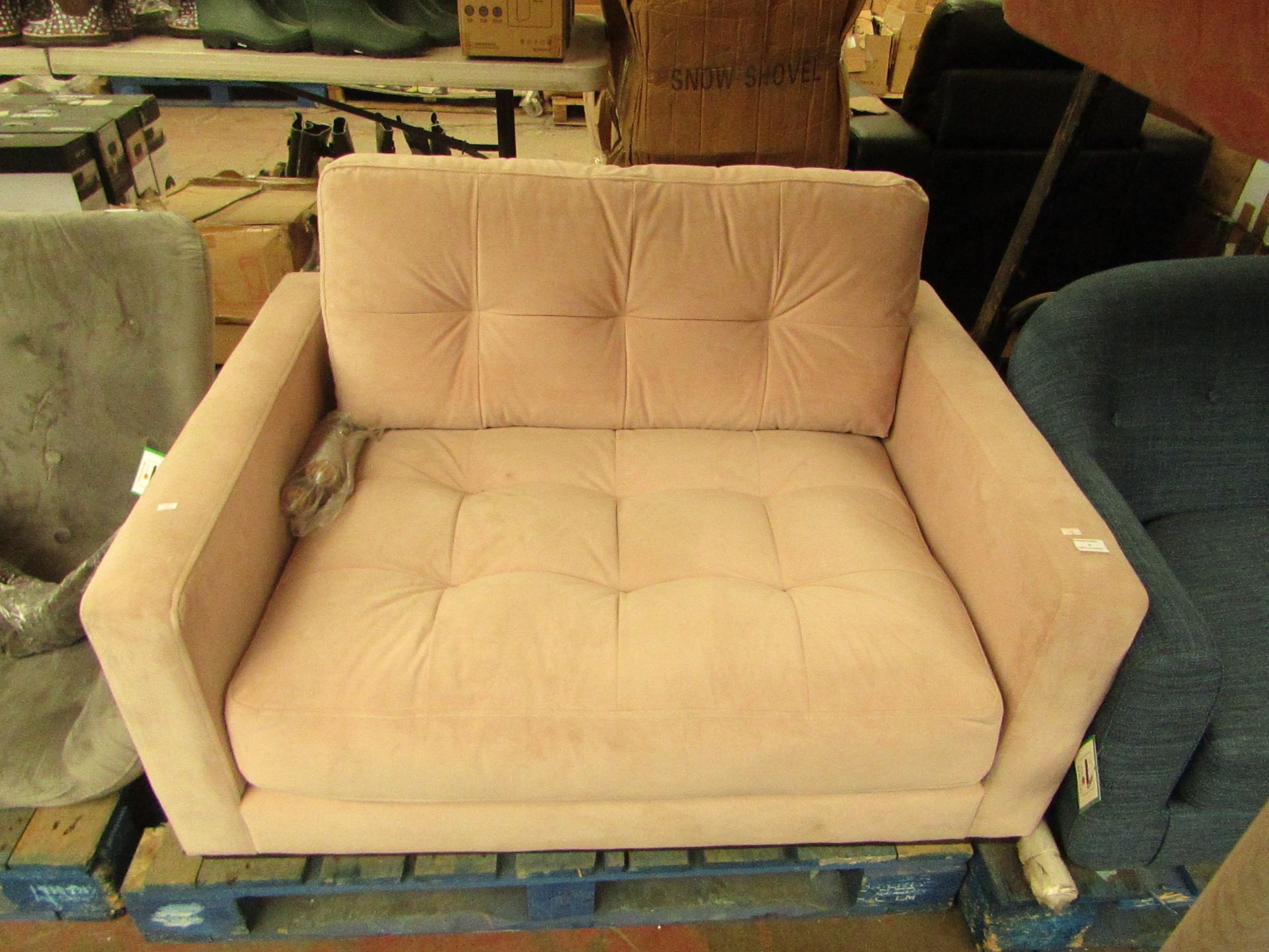 | 1X | SWOON PINK VELVET SMALL LOVE SEAT | NO MAJOR DAMAGE (PLEASE NOTE, THIS DOES NOT PROVIDE ANY