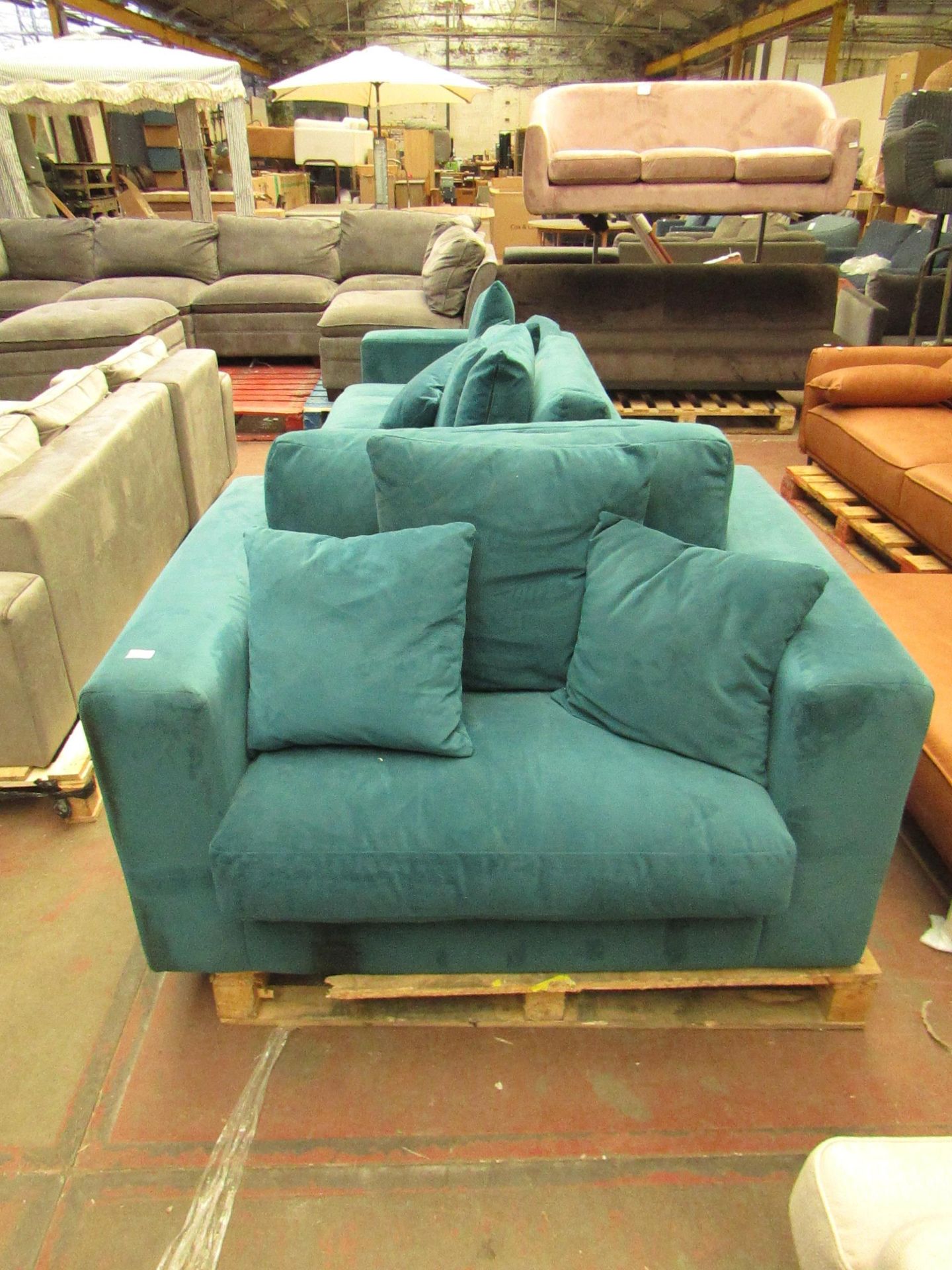 | 1X | MADE.COM BLUE ARMCHAIR | HAS A MARK ON THE FRONT AND ,MISSING FEET | RRP - |