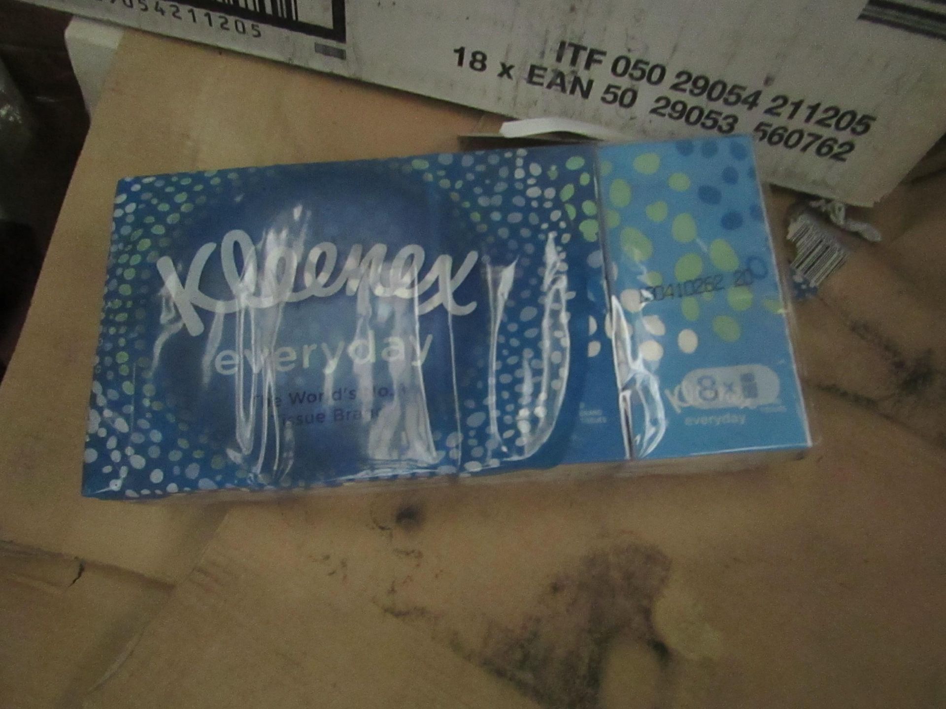 A Box Container 18x Packs Kleenex tissues - Each pack has 8 packs of 9 sheets in them, the outer
