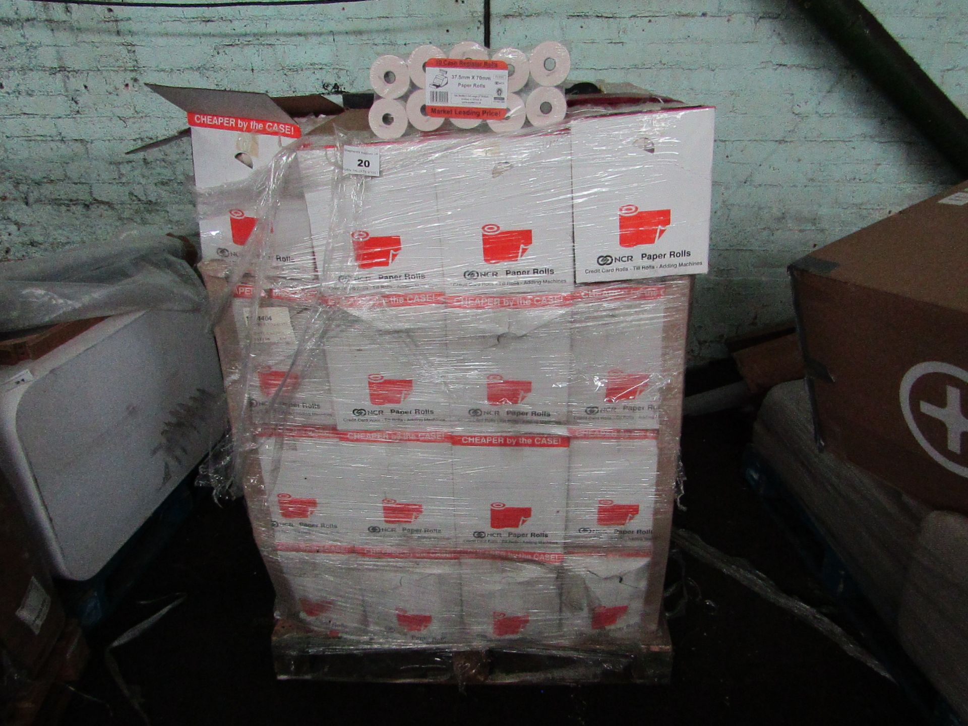 PALLET CONTAINING APPROX 47 BOXES OF 60 ROLLS OF TILL RECIEPTS,37.5MM X 70MM. NEW & PACKAGED