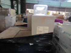 PALLET CONTAINING APPROX 12 BOXES OF 450 PLASTIC CONTAINER LIDS 23CM X 18CM. BOXED