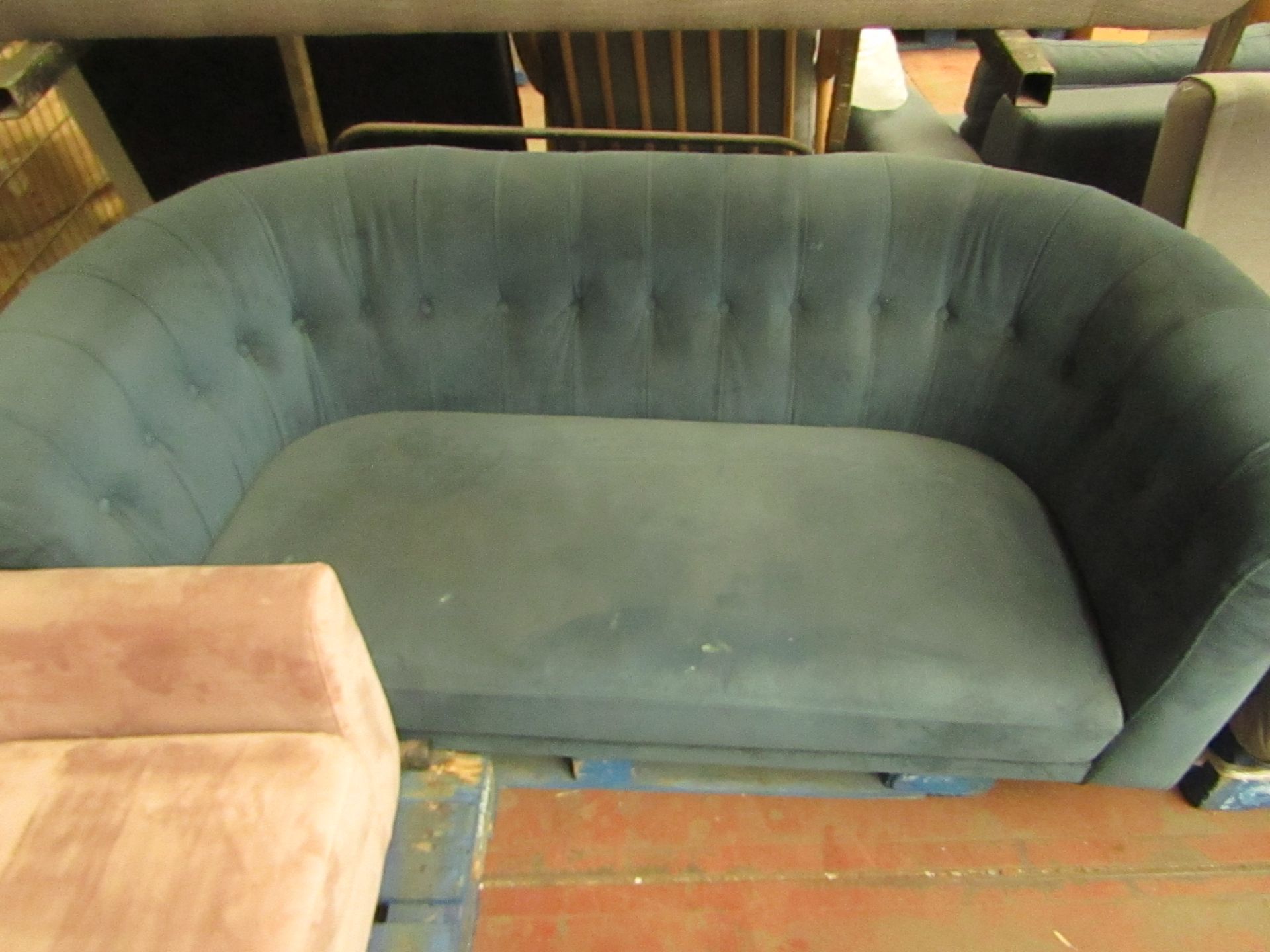 | 1X | MADE.COM 2 SEATER BUTTON BACK, TEAL SOFA | NEEDS A GOOD CLEAN & HAS IMPERFECTIONS ON THE