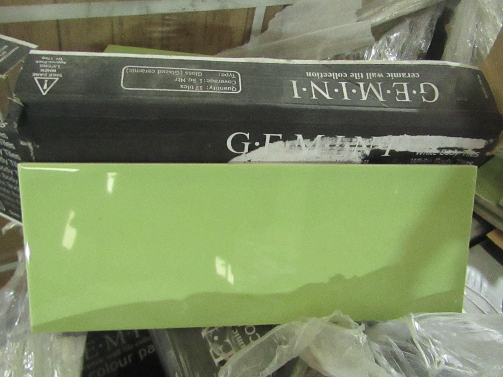 13x Packs of 17 Gemini Green Gloss Glazed Ceramic tiles 400x150cm, brand new. Total RRP £389.87