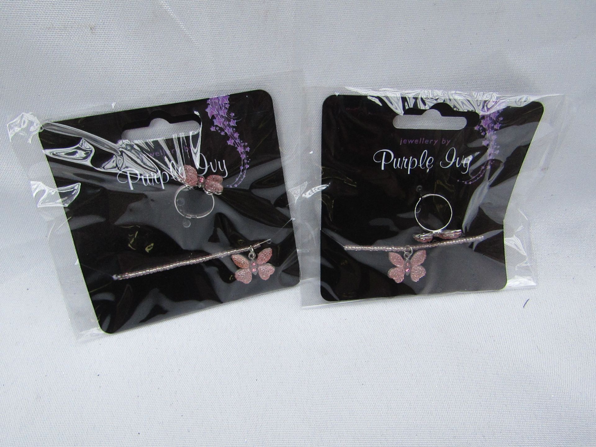 Box of 24x Purple Ivy Ring Butterfly design ring and bracelet sets, new