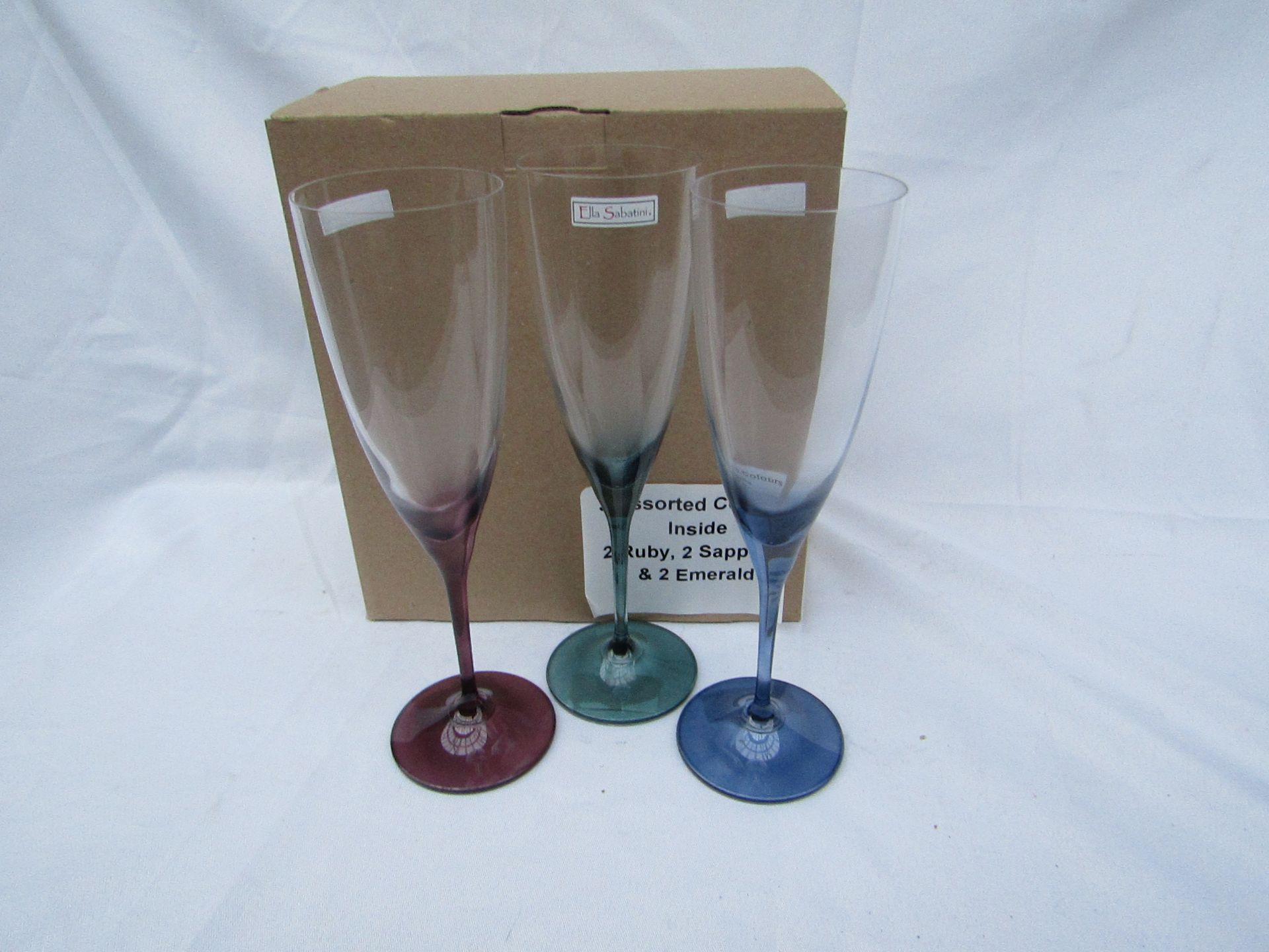 Box of 6x Ella Sabatini Flute Glasses, 2x Ruby, 2x Sapphire, 2x Emerald - Unused & Boxed.