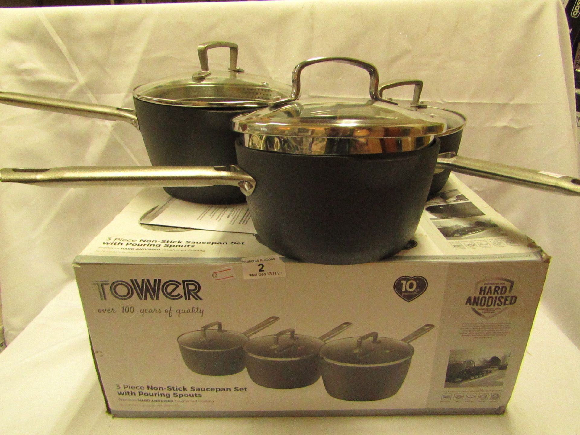 NO VAT!! Tower 3 piece Non-stick Sauce Pan Set Premium Hard Anodised 16, 18, 20cm with lids suitable