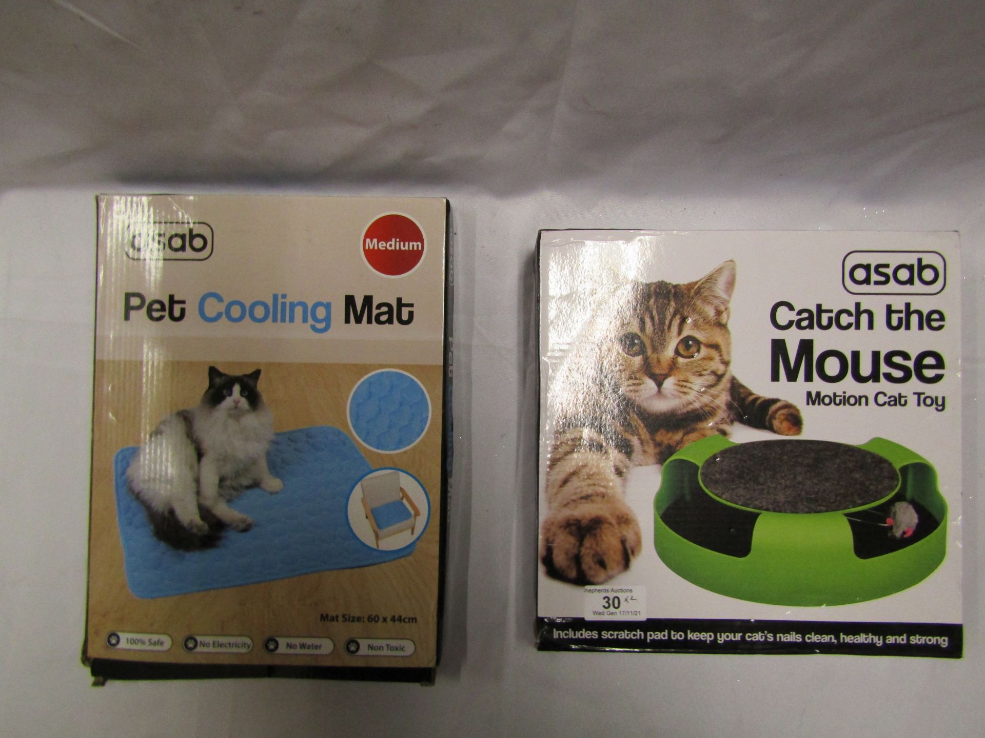 2 items being 1 x Asab Catch The Mouse Motion Cat Toy packaged & 1 x Asab Pet Cooling Mat size