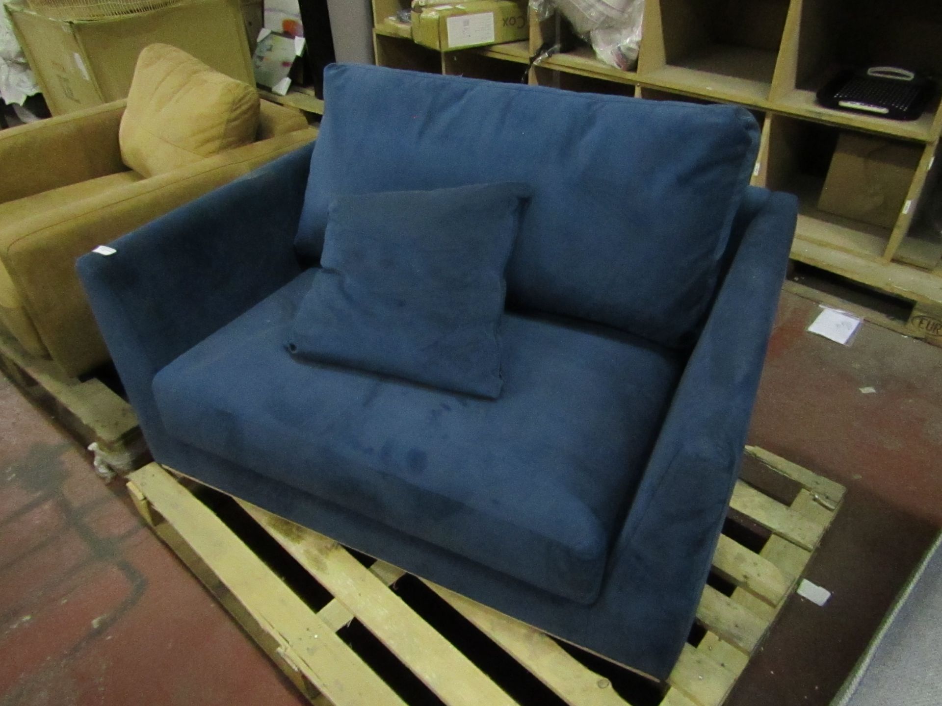 | 1X | MADE.COM BLUE VELVET ARMCHAIR | NO MAJOR DAMAGE (PLEASE NOTE, THIS DOES NOT PROVIDE ANY